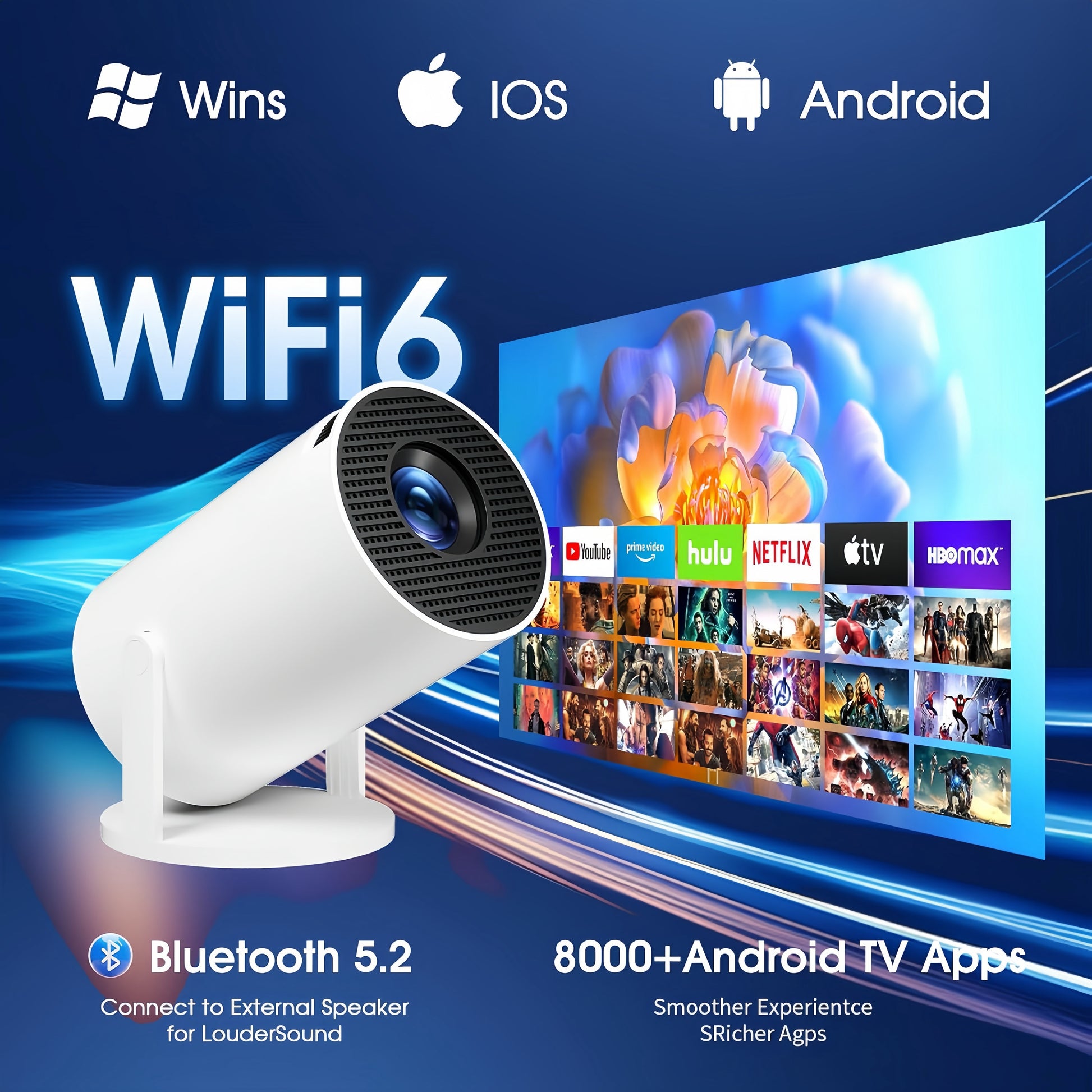 PocketBeam Smart 180° Portable Projector with Android WiFi 6 and Bluetooth