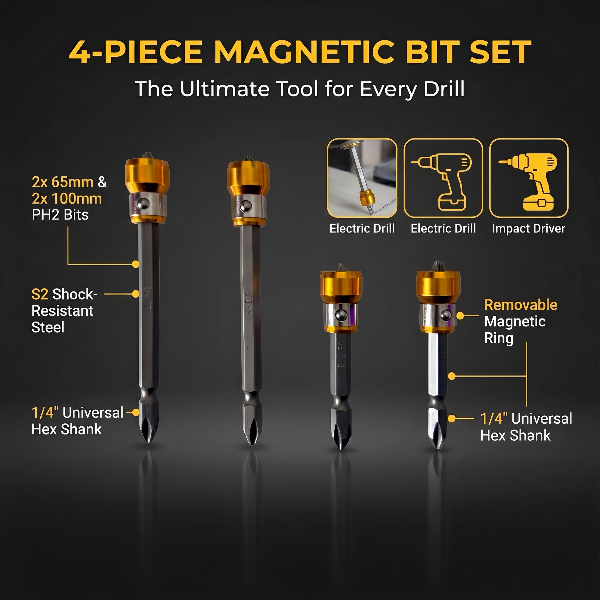 4-Piece PH2 Magnetic Screw-Holding Bit Set