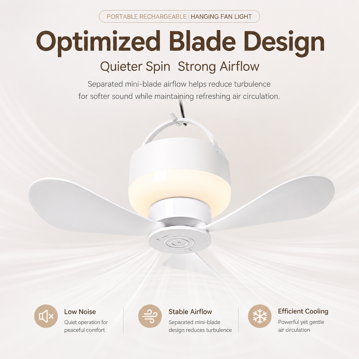 Portable Rechargeable Hanging Fan Light for Indoor & Outdoor Use